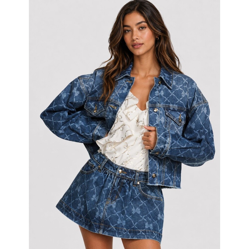 VICTORIA’S SECRET PINK New LARGE Denim Jean‎ Mini Skirt Bow Print LOVESHACKFANCY